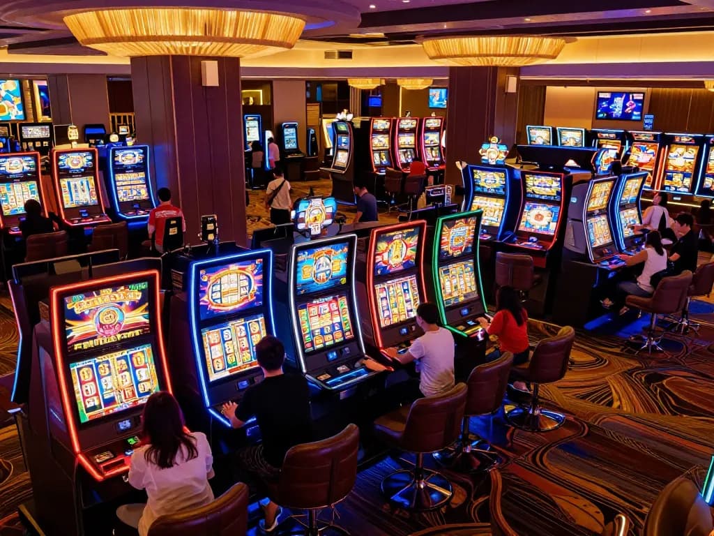 Players enjoying thrilling slot games at TR88 casino's vibrant gaming area