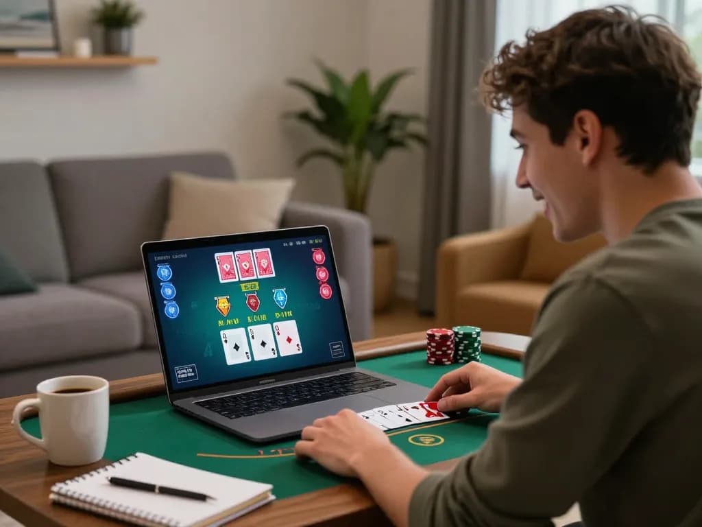 Player enjoying an exciting online blackjack game at king33, showcasing strategy and engagement in a cozy home setting.