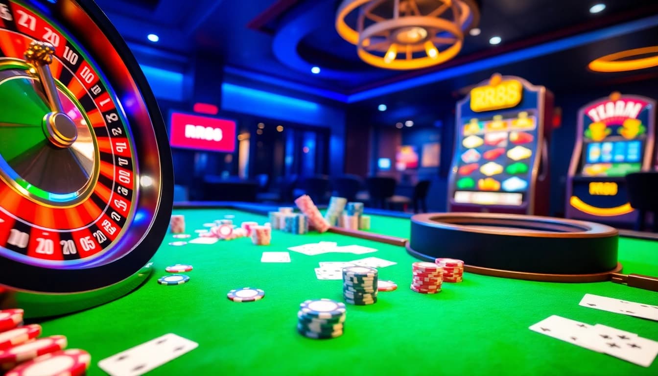 Experience the thrill of RR88 gaming with vibrant poker chips and a spinning roulette wheel.