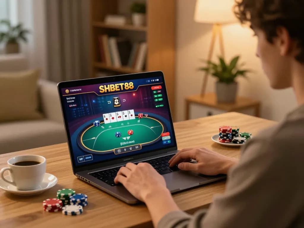 Experience thrilling gameplay with SHBET88 featuring poker action on a laptop screen.