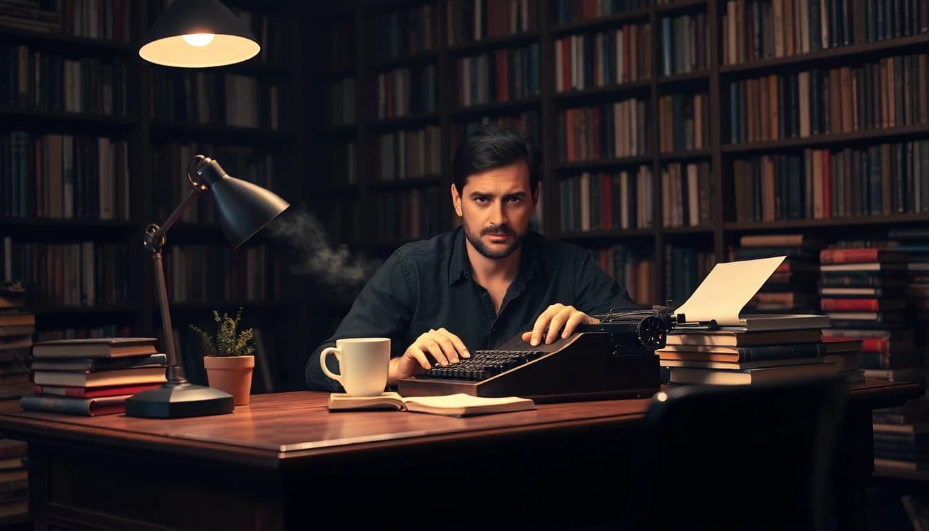Capture an action thriller author crafting stories in a cozy, mysterious workspace.