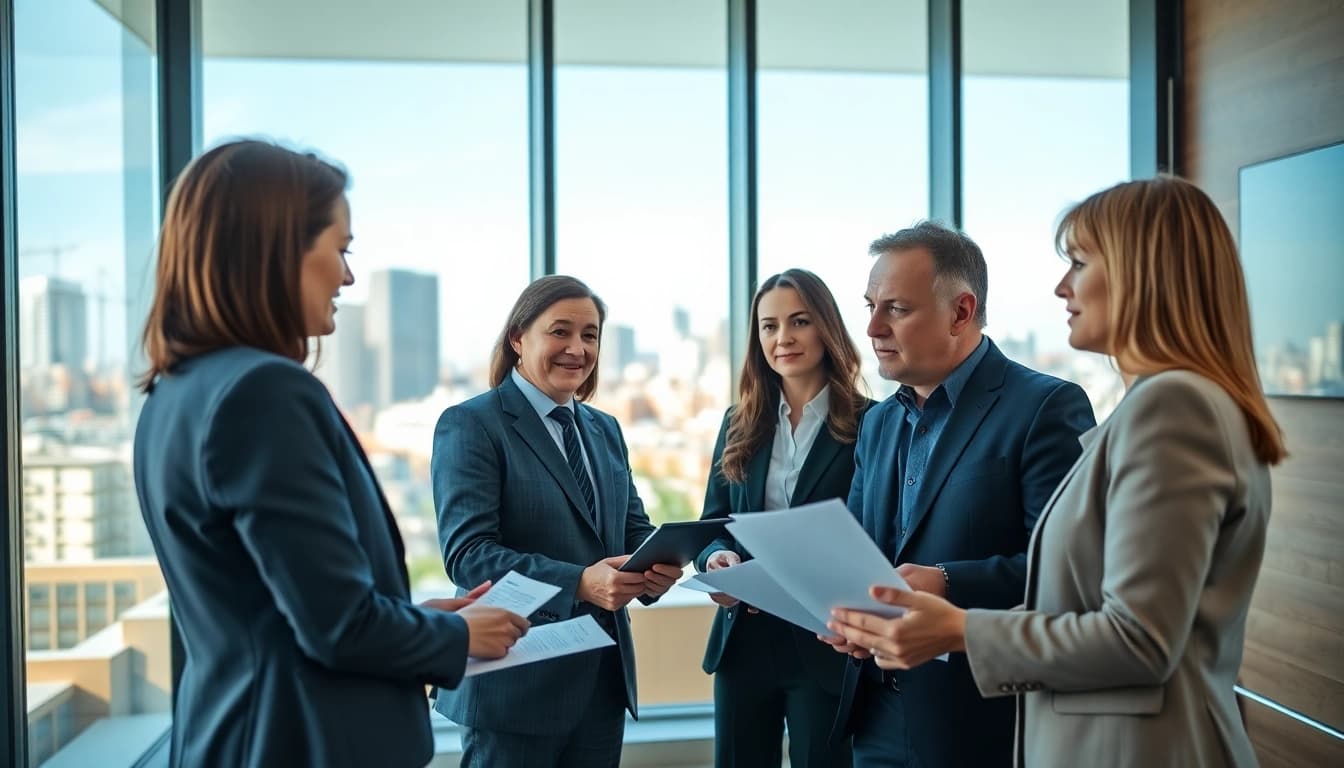 Engaged discussion on family holding Luxembourg in a modern office.