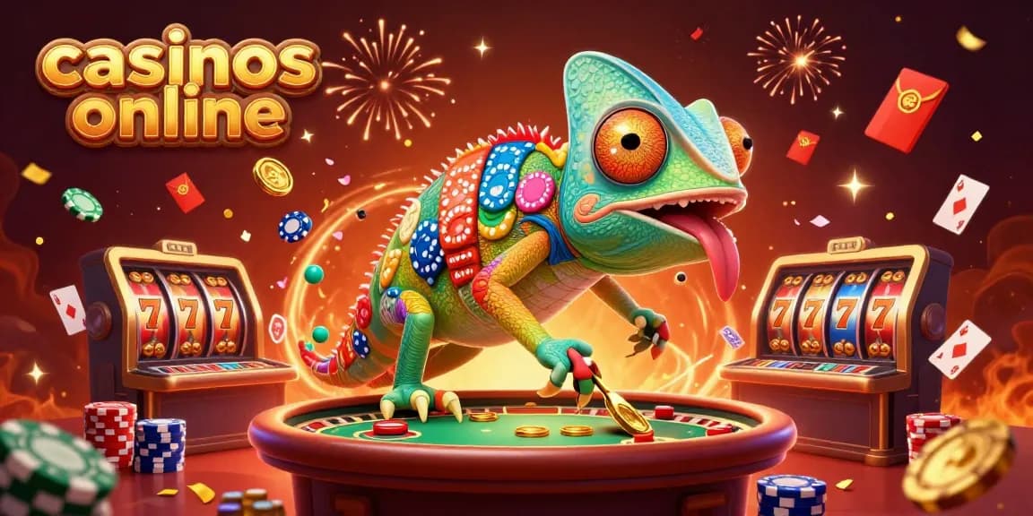 Disfruta de los casinos online mientras un camaleón gigante recoge fichas y monedas en una escena vibrante.