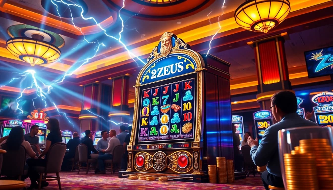 Pemain yang antusias memutar mesin slot Zeus di lingkungan kasino mewah.