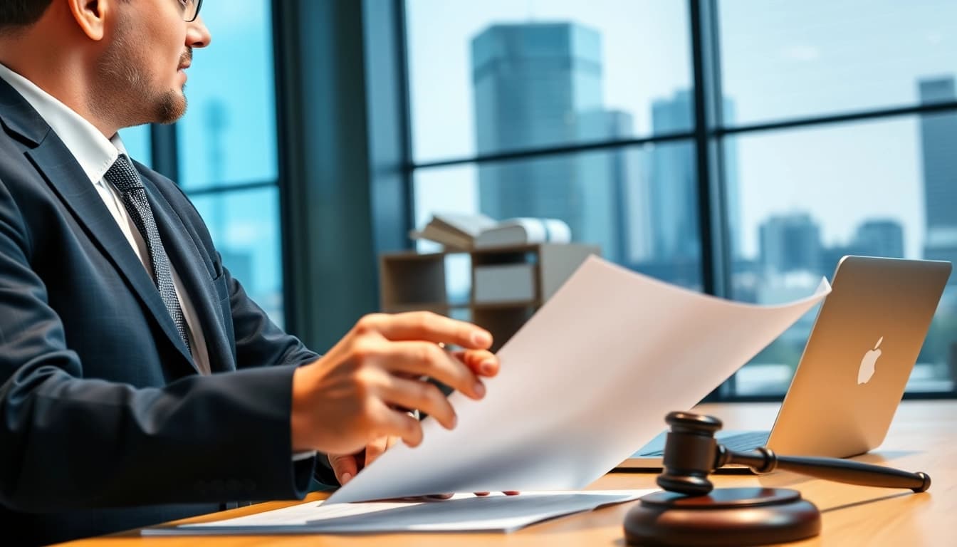 Eminent domain lawyer consulting with a landowner in a modern office environment.