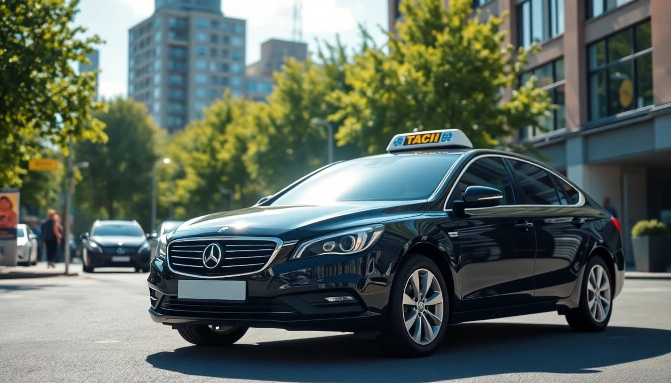 Book a West bridgford Taxi service with a sleek sedan on a bright city street.