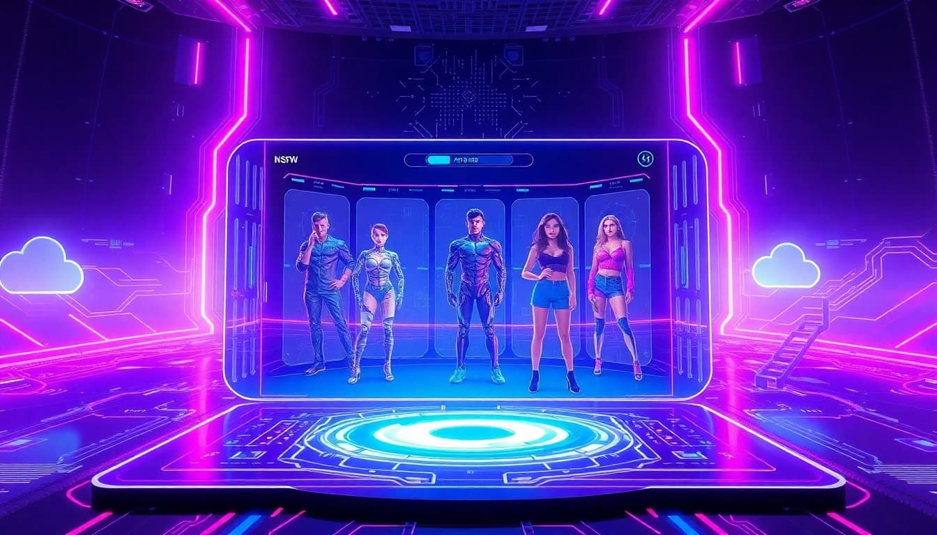 Dynamic scene showcasing NSFW character AI avatars in a futuristic digital landscape.
