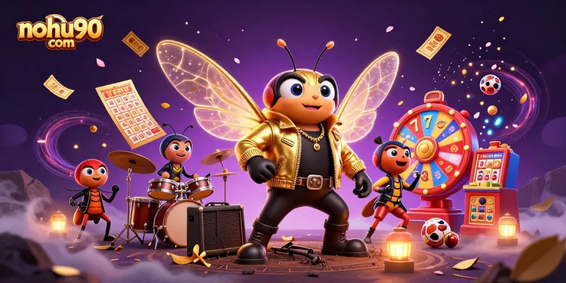 Experience fun and excitement with Nohu90 com's slot games as a cartoon cicada rock star takes the stage.