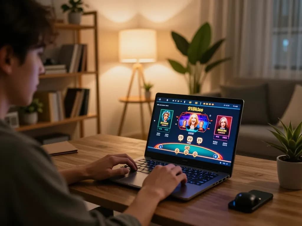 Engaging in online casino gaming with the 918kiss app on a laptop in a cozy home.
