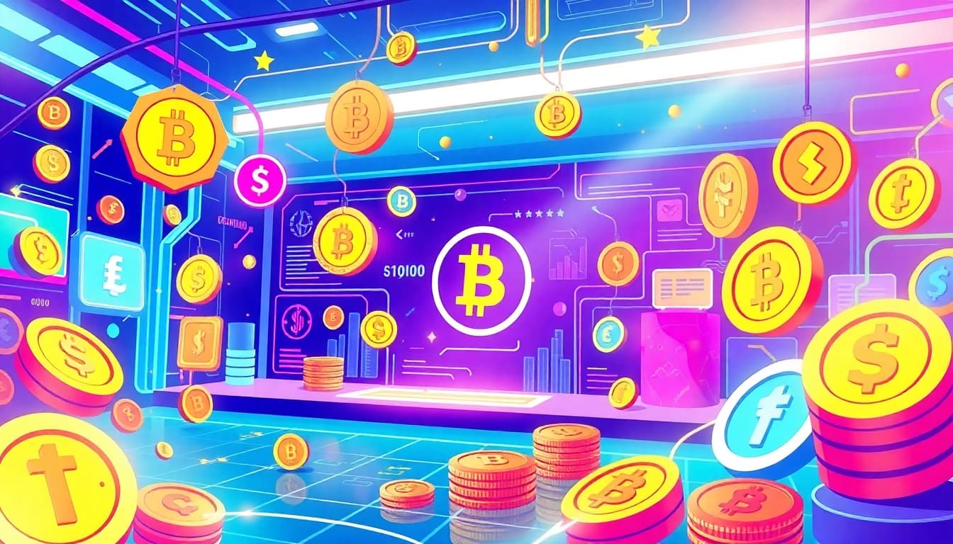 Discover the latest in Trending Coins listing with a colorful digital marketplace showcasing diverse tokens.