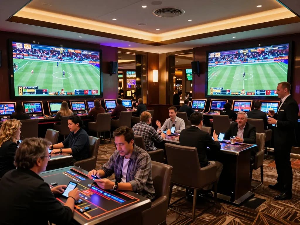 Engaged sports bettors reveling in the excitement of winstrike69 at a vibrant casino lounge.