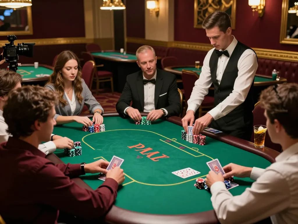 Engaged players at an okwin poker night, showcasing high-stakes action with chips and cards.