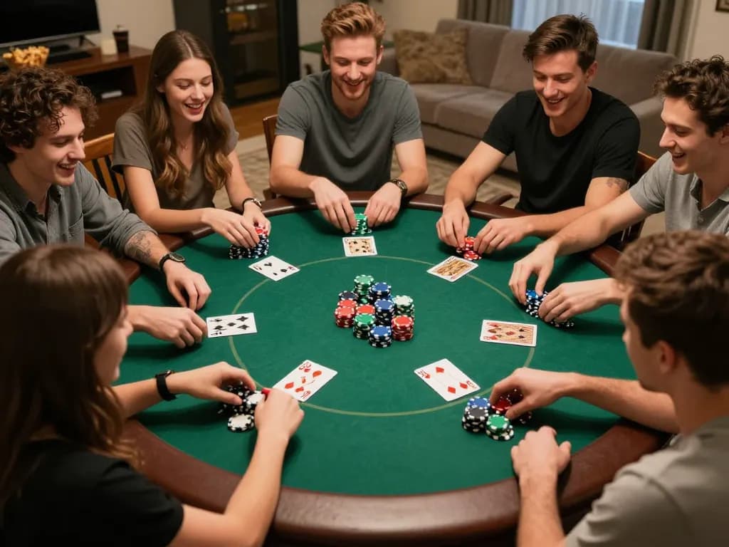 Friends engaging in a poker game at home, celebrating wins with AE888 casino chips, creating a lively atmosphere.