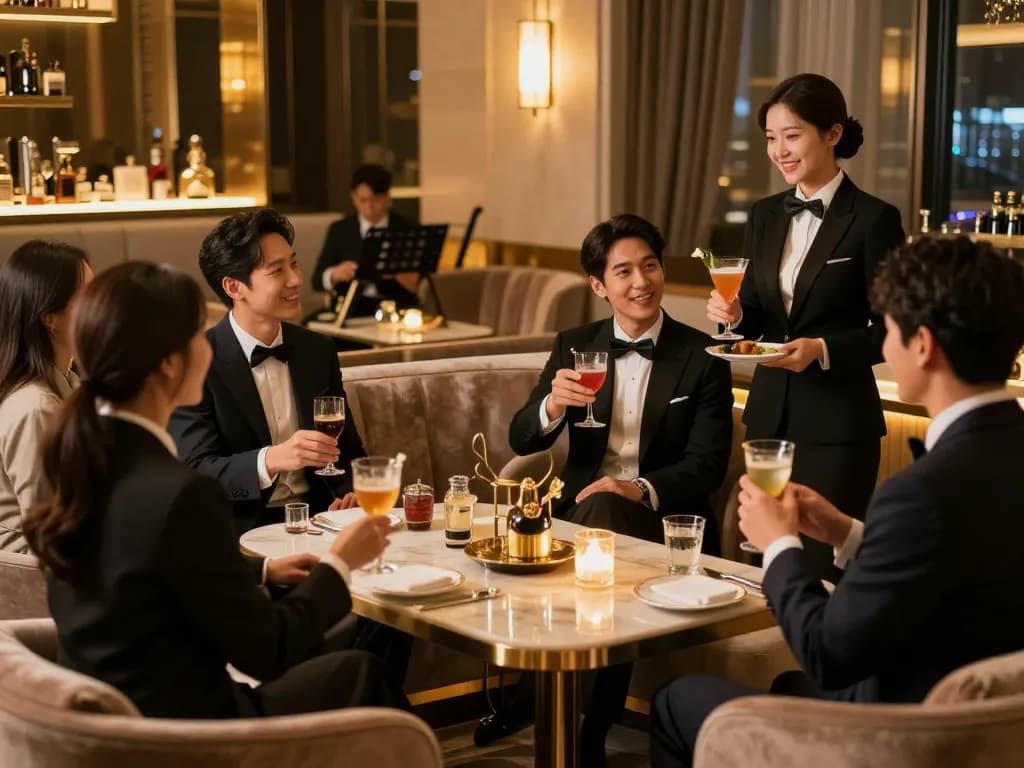 Experience the vibrant atmosphere of 강남쩜오 with stylish guests and exceptional service in a high-end venue.