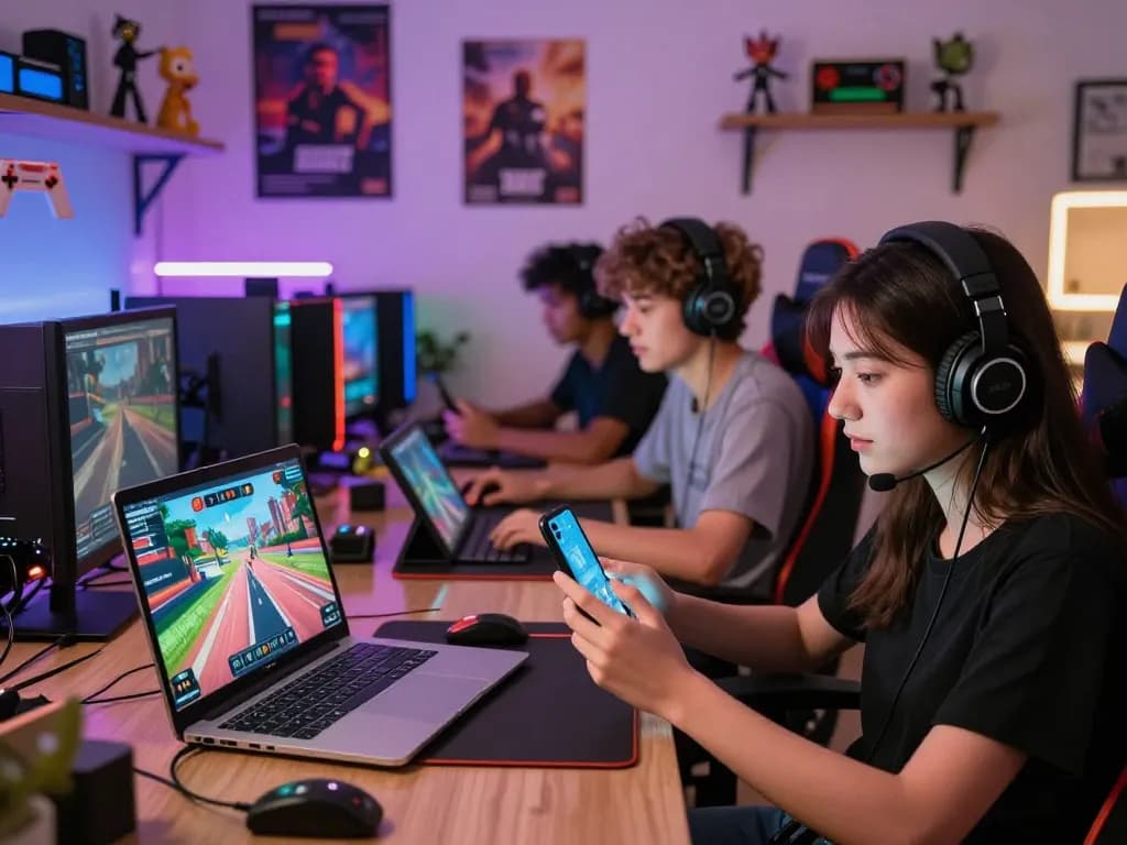 Engaged players enjoy ai porn games in a lively gaming setup with immersive graphics and devices.