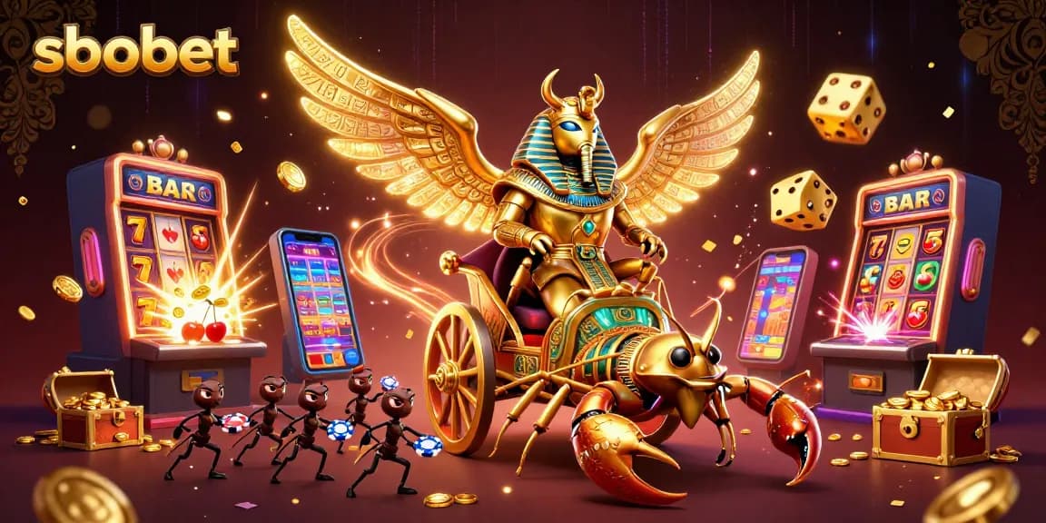 SBOBET sports betting scene featuring a golden scarab beetle, slot machines, and dynamic casino elements.