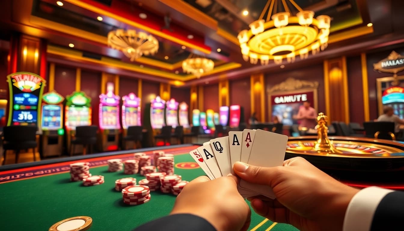 Judi di meja kasino mewah yang menampilkan Kit4D, mesin slot berwarna-warni, dan chip poker untuk pengalaman yang mendebarkan.