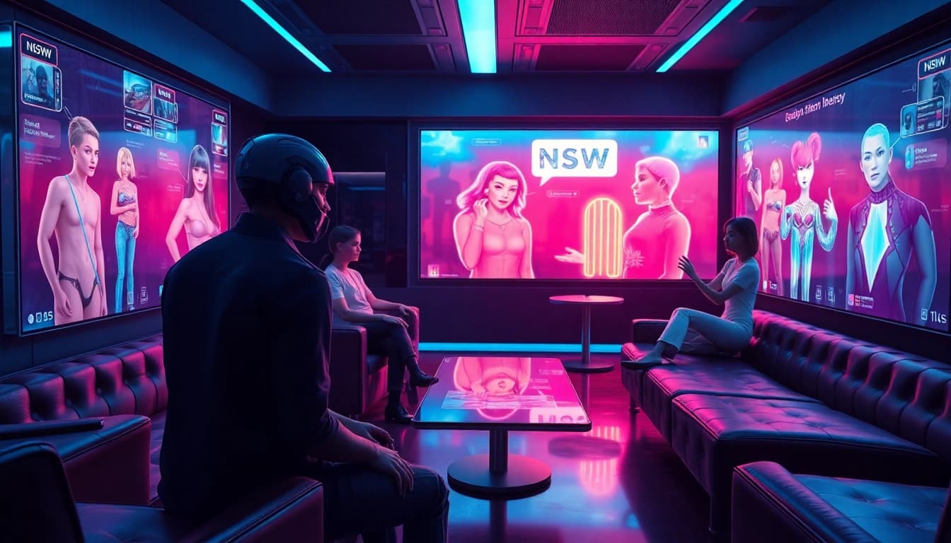 Engaging AI NSFW character interaction in a futuristic lounge.