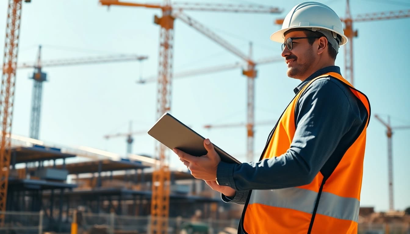 A New Jersey Construction Manager analyzing plans with a bright construction site backdrop.