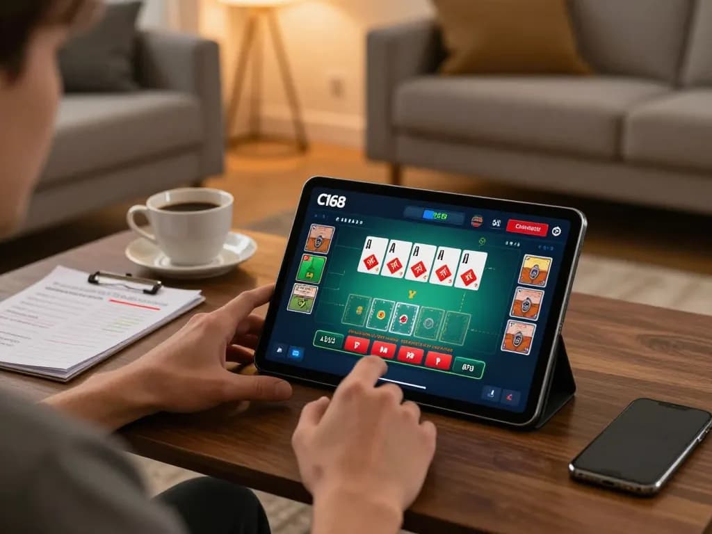 C168 đăng nhập experience on tablet in a cozy living room with strategic notes and warm ambiance.