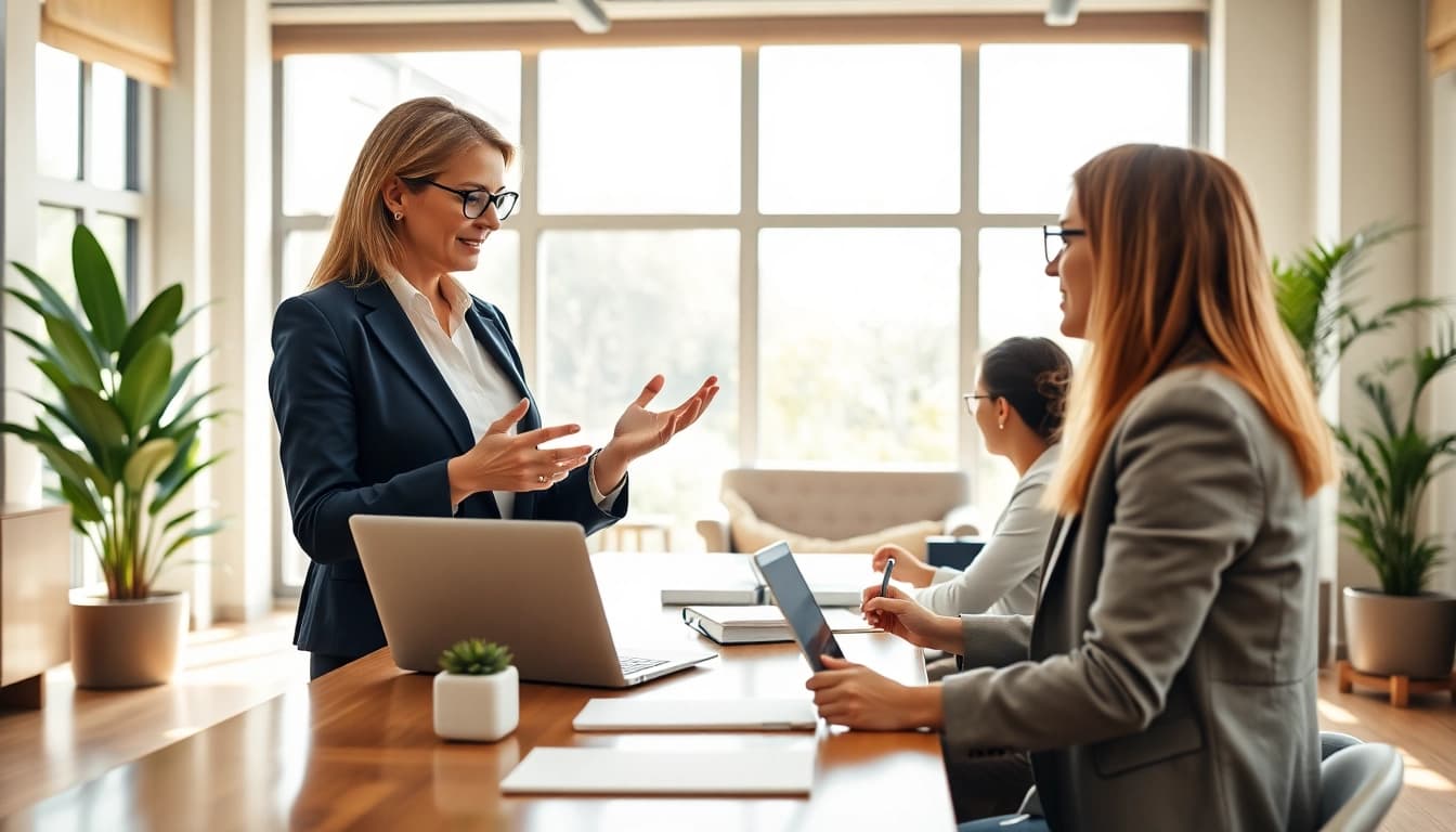 Real Estate professional reviewing listings in an inviting office setting, showcasing a collaborative atmosphere.