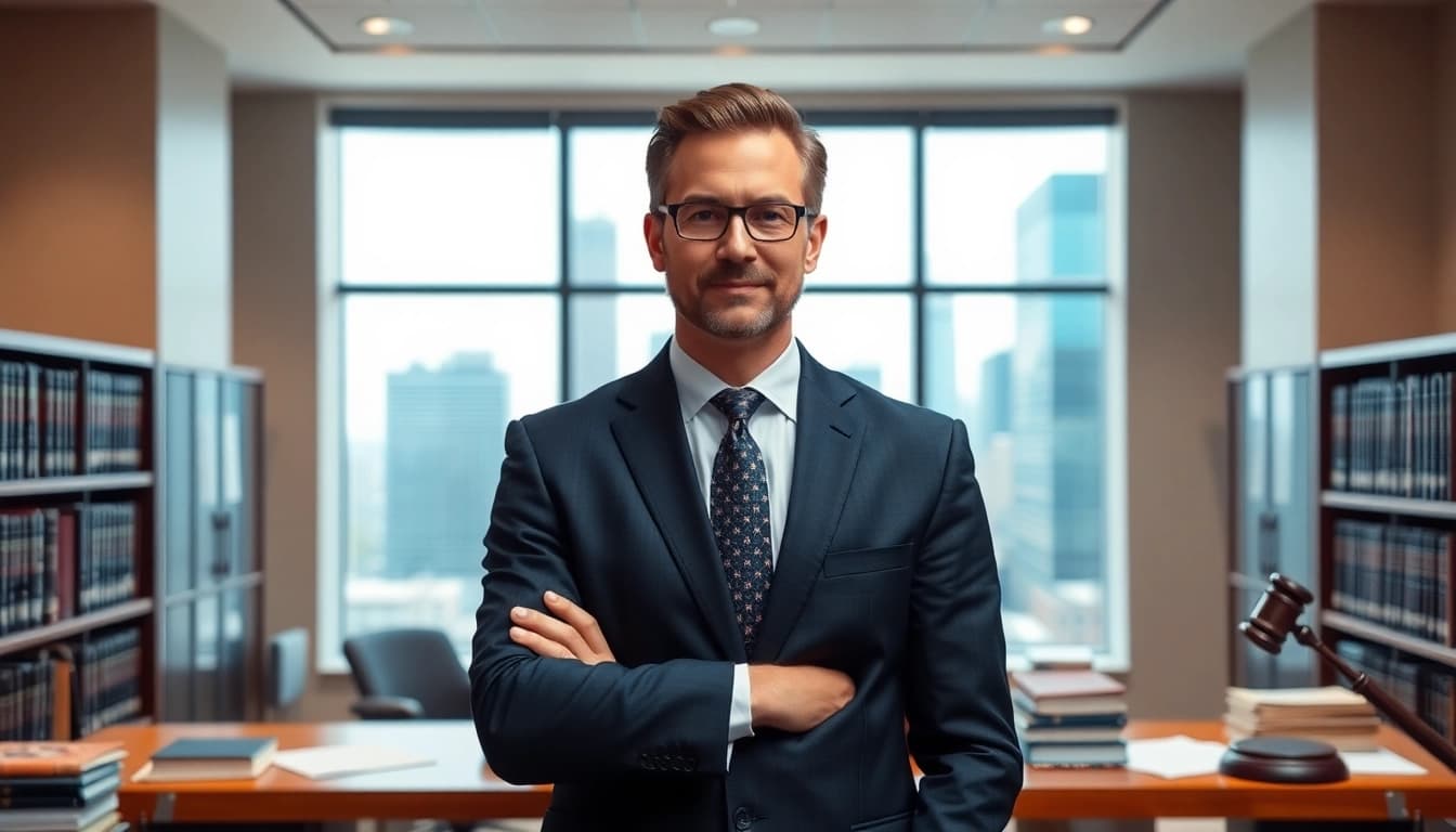 Confident eminent domain lawyer in a modern office, showcasing legal expertise and professionalism.