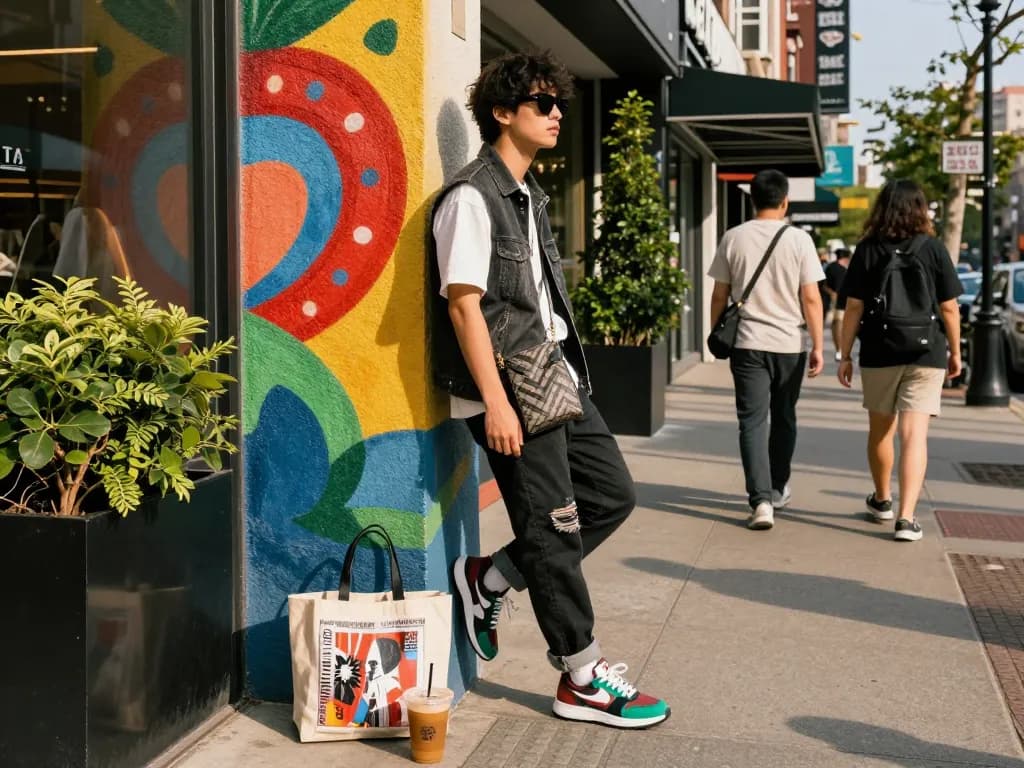 A stylish individual showcasing a 레플리카 bag in an urban setting, emphasizing modern fashion trends.