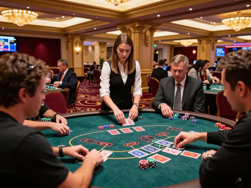BUKA77 players engaged in a thrilling blackjack game at a glamorous casino table, showcasing strategic gameplay.