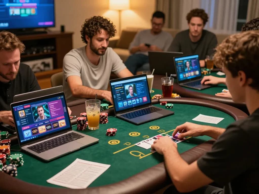 Players experiencing the thrill of g28-t1 online poker games in a cozy home setup