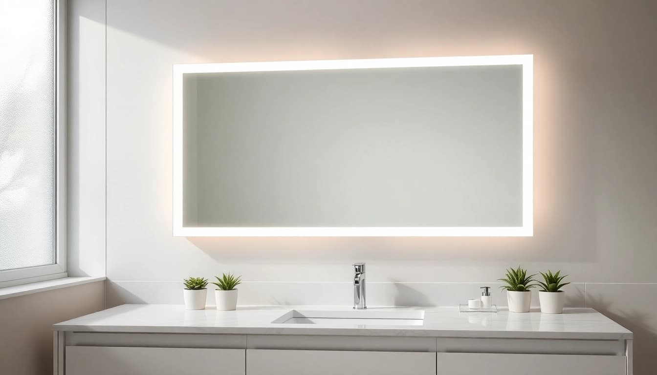 A bathroom mirror with lights reflecting an elegant design and inviting atmosphere.