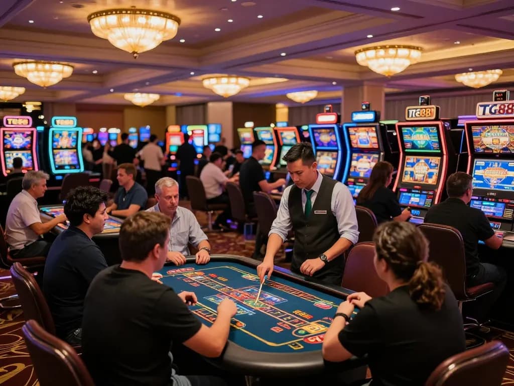 Players enjoying a game at TG88 branded casino, celebrating wins amid vibrant atmosphere.