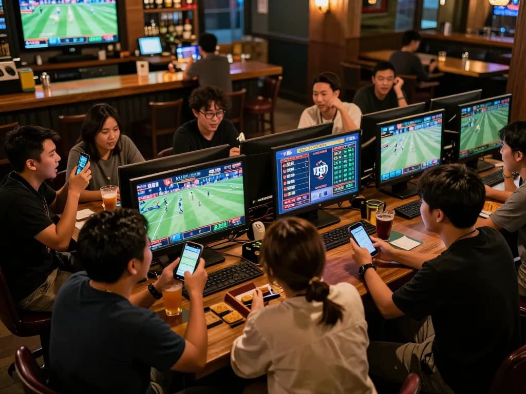 Engaged sports bettors strategizing at a lively bar using Nhà cái FC88 for real-time bets and odds.