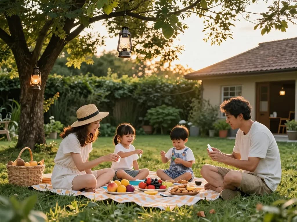 Family applying mosquito repellent while enjoying an outdoor picnic in a vibrant backyard.