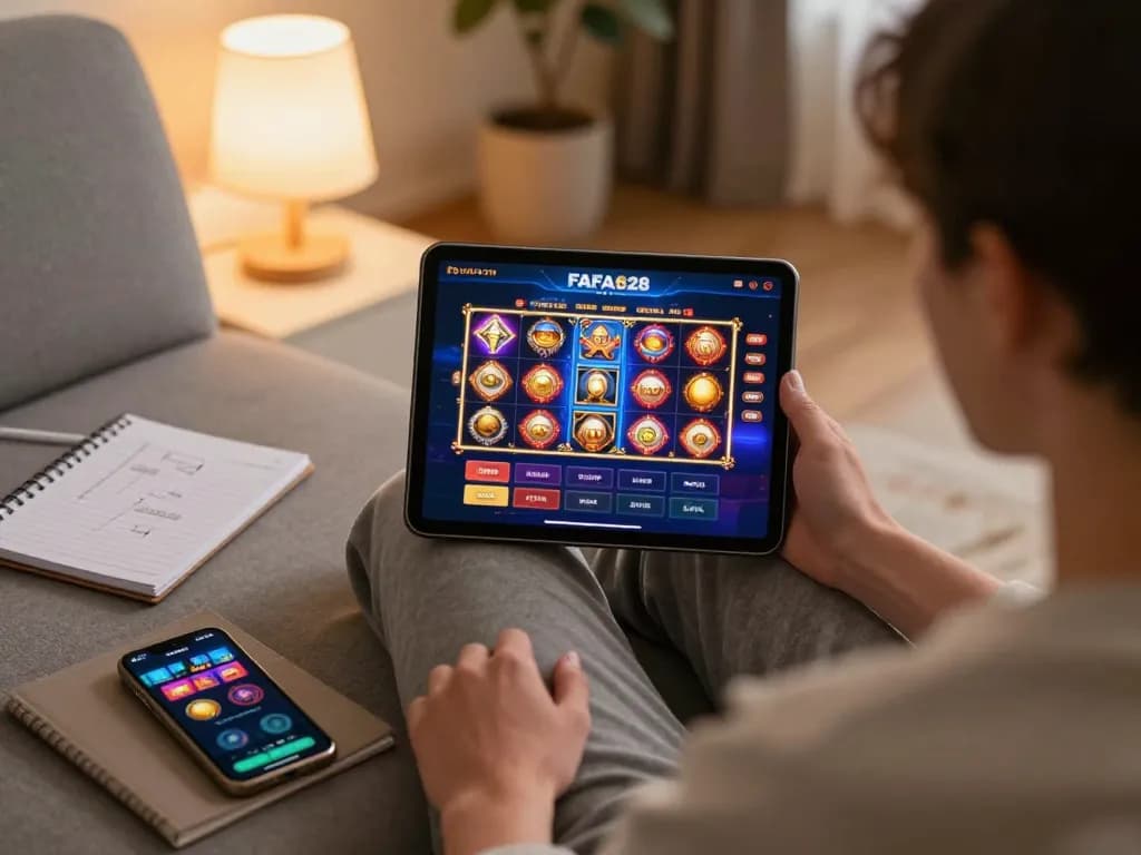Engaging with FAFA828 on a tablet in a cozy home setting, showcasing online casino gameplay.