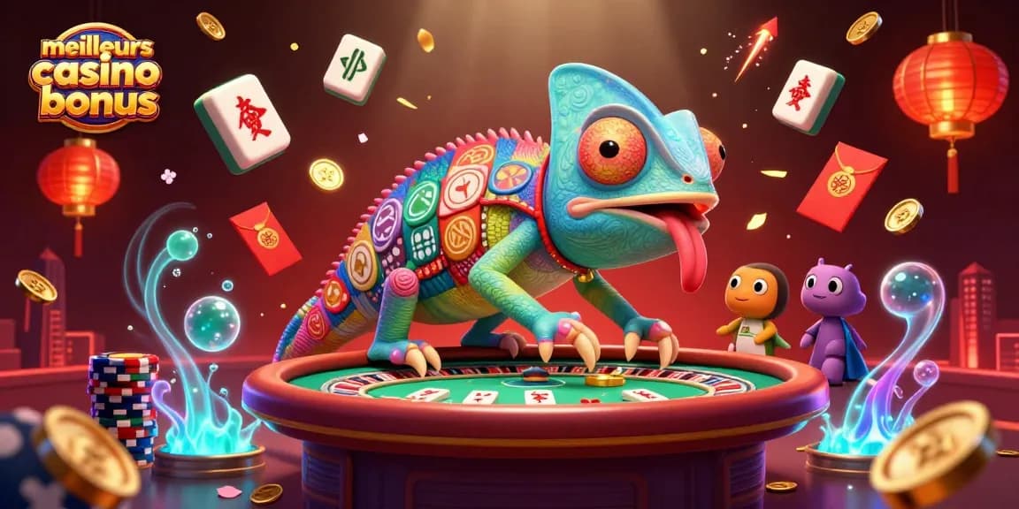 Découvrez les meilleurs casino bonus avec le caméléon propriétaire attrapant des pièces d'or dans une scène de casino animée.
