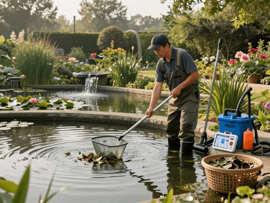 Pond Cleaning Kent service in action, showing a technician cleaning leaves and debris from a tranquil pond with tools in a serene Kent setting.