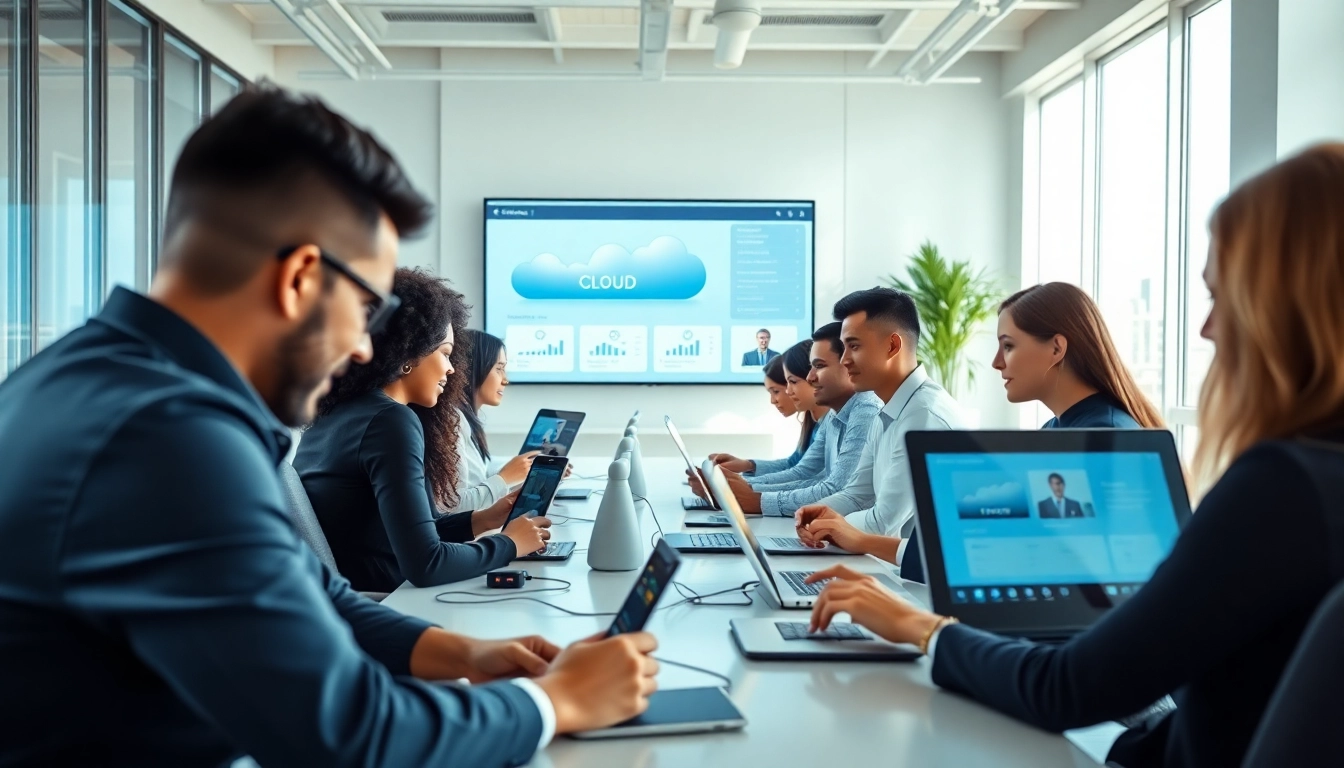Utilize a cloud based phone system in a modern office environment with employees actively collaborating.