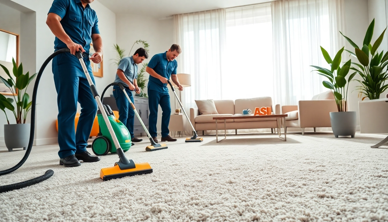 Local carpet cleaners effectively cleaning a plush carpet in a modern living room.