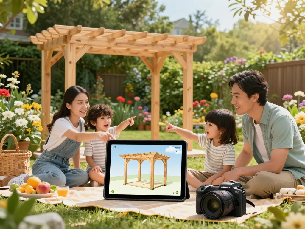 Family interacting with a 3D pergola configurator in a vibrant garden.
