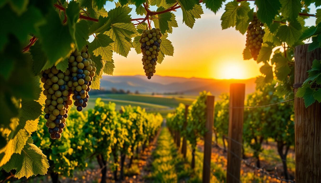Grapes thriving in the northern california wine country under a vibrant sunset.