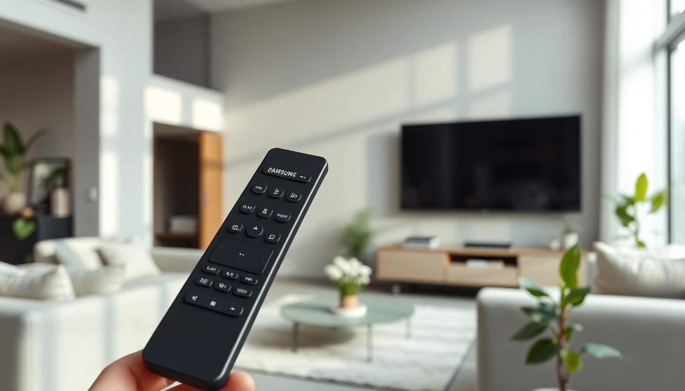 Bedienen Sie Ihren Samsung Fernbedienung Q60T mit elegantem Design in einem modernen Wohnzimmer.