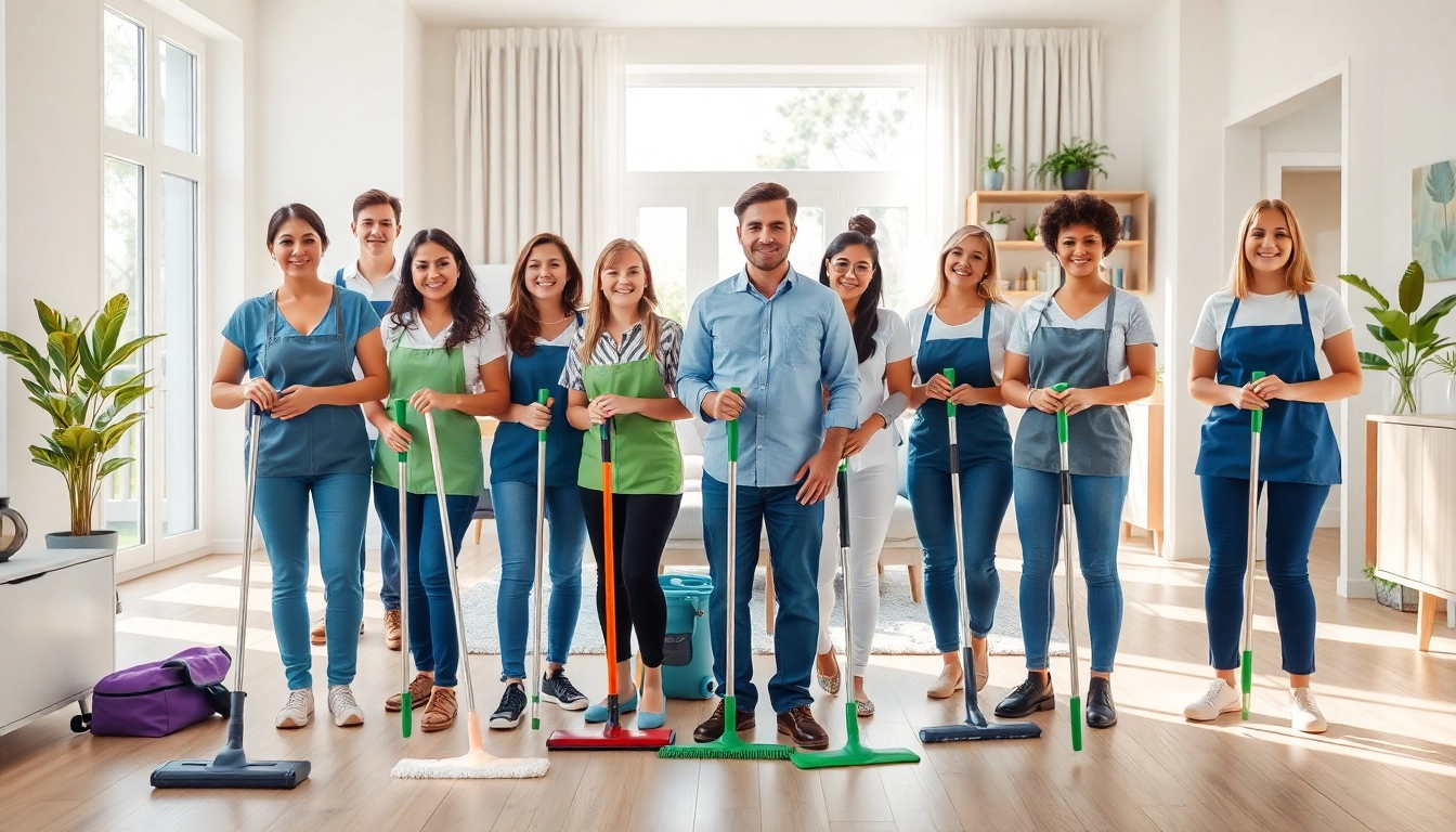 Cleaning services near me showcased by a professional team cleaning a bright, modern home.