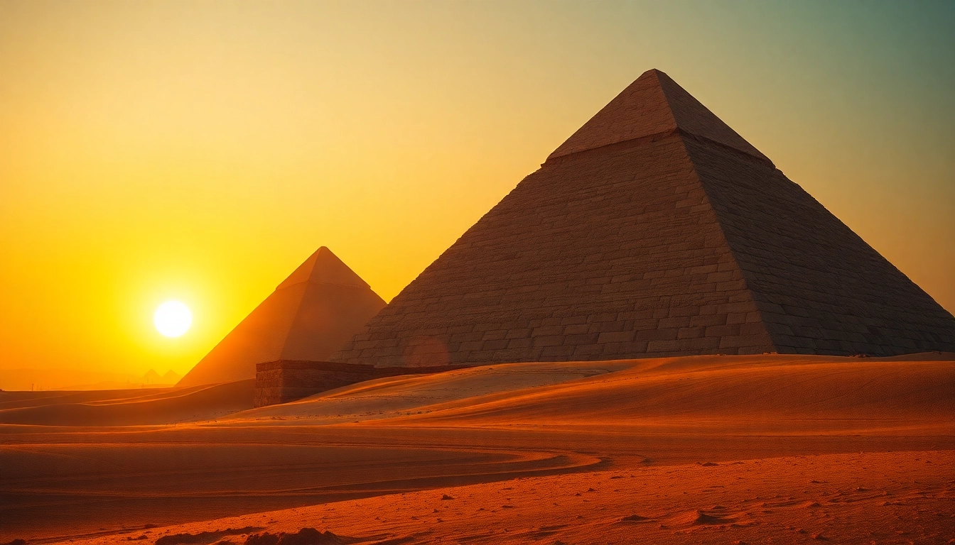 A breathtaking view of the majestic piraminds under a sunset sky, emphasizing their ancient architectural beauty.