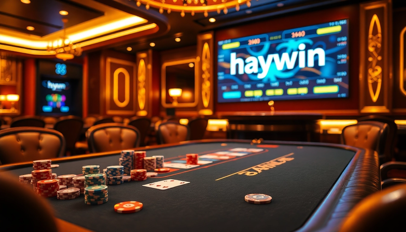 Experience thrilling poker action at Haywin's professional casino table with colorful chips and cards.
