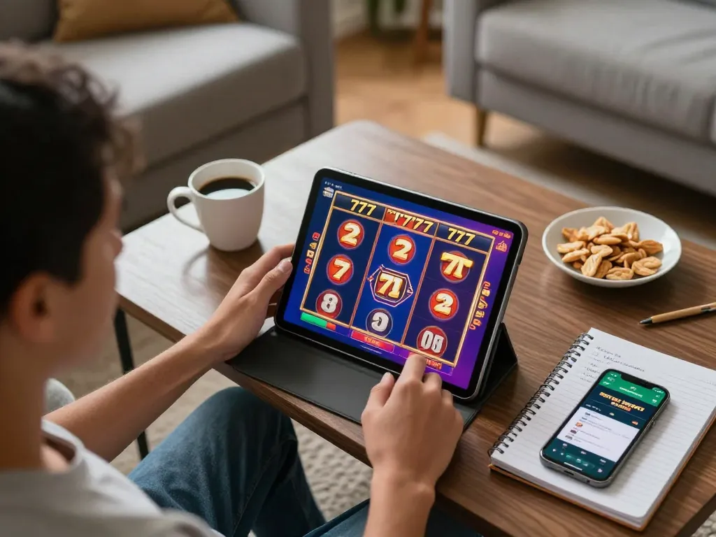 Engaging in slot777 gameplay at home, showcasing relaxed gaming atmosphere with tablet and snacks.