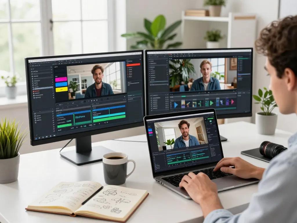 Video to prompt ai tool in modern workspace with user processing video for detailed prompts