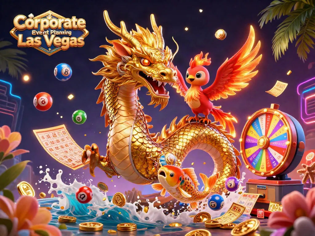 Engage in Corporate Event Planning Las Vegas with a vibrant illustrated scene of a mystical dragon, phoenix, and koi fish amidst lively casino elements.