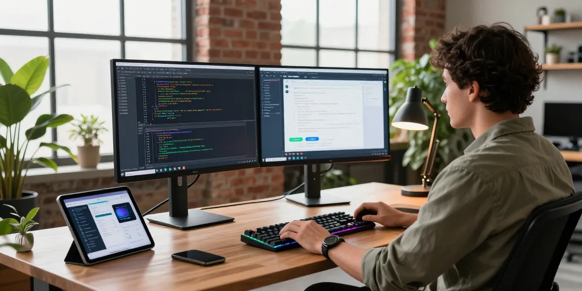Professional workspace emphasizing coding with 纸飞机中文版 app design mockups and tech gadgets.