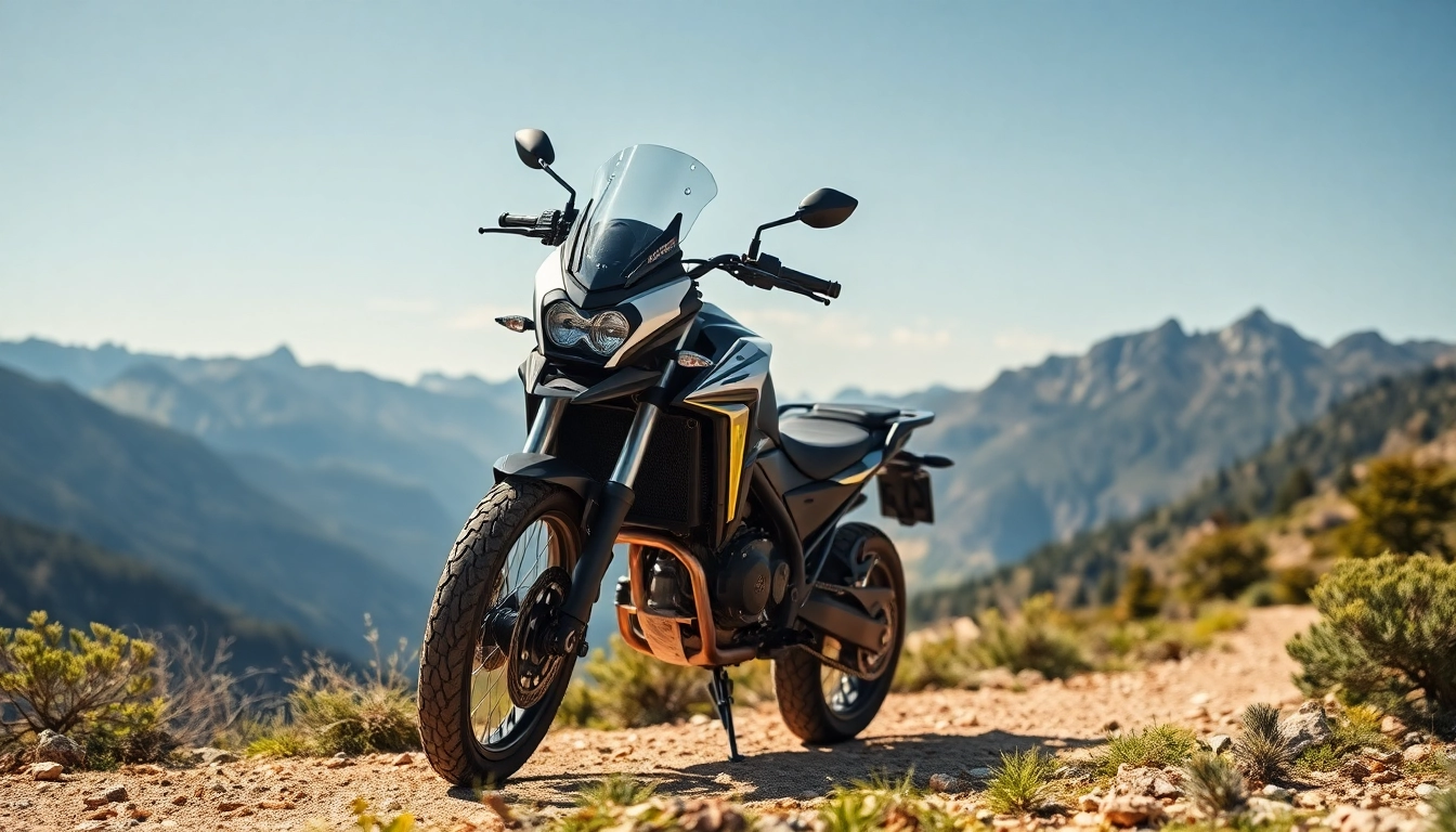 A powerful dual sport Street legal motorcycle showcased against a scenic outdoor backdrop, highlighting its adventure-ready design.