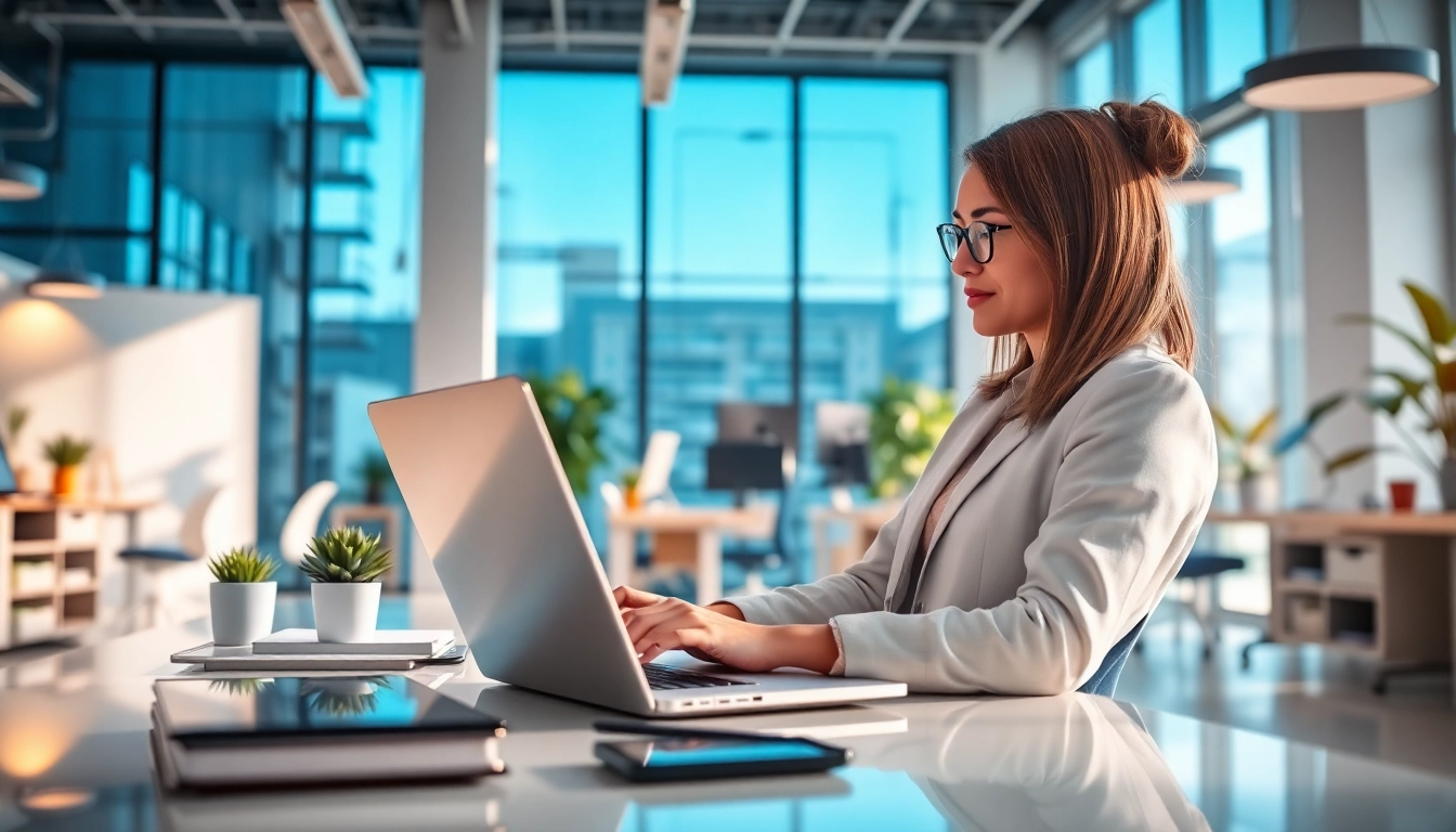 Webdesign Braunschweig: Kreativer Webdesigner in modernem Büroumfeld mit Laptop und Design-Elementen.